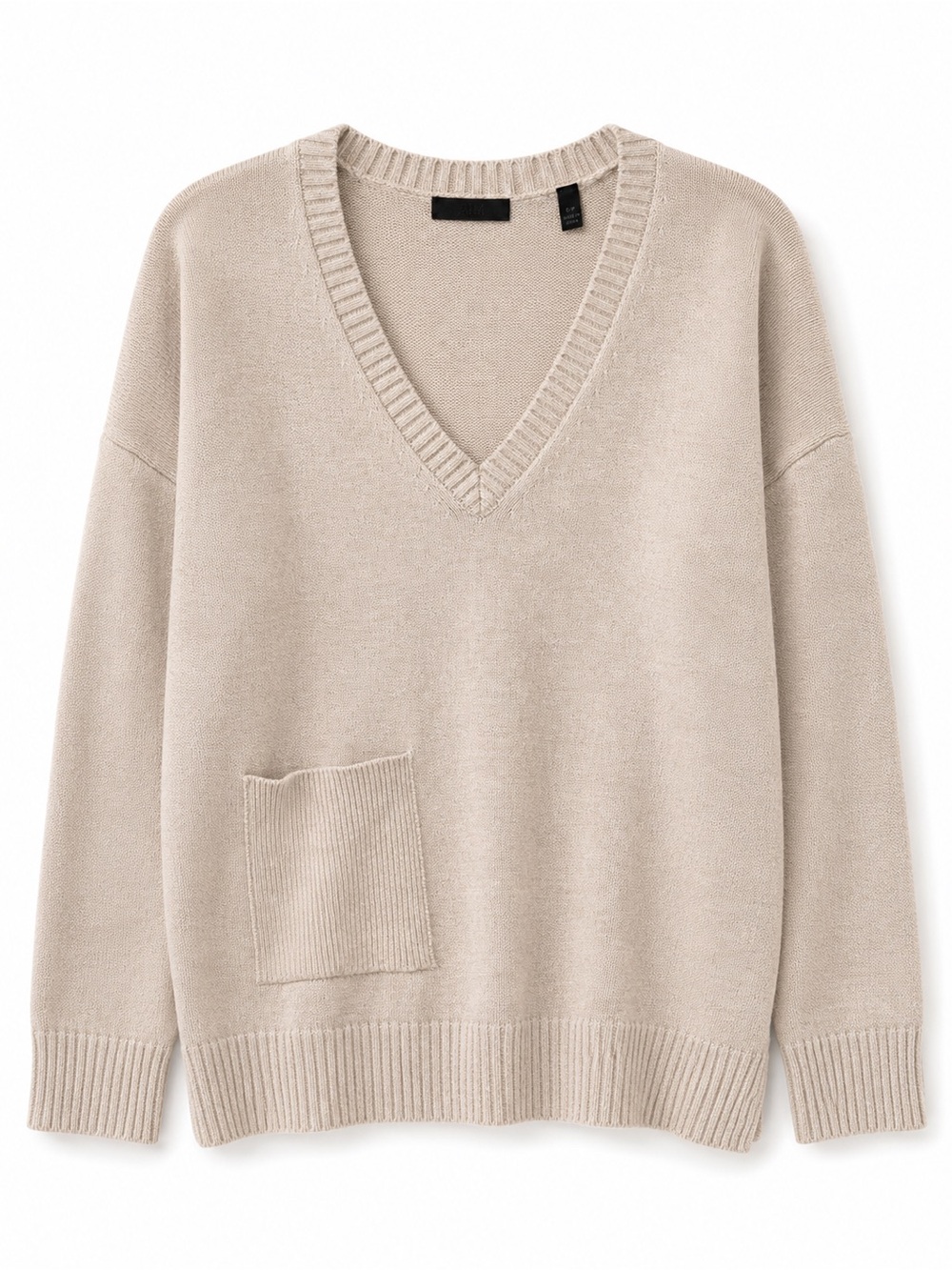 ATM Anthony Thomas Melillo V Neck Pocket Sweater Small Linen Cotton Oatmeal Tan